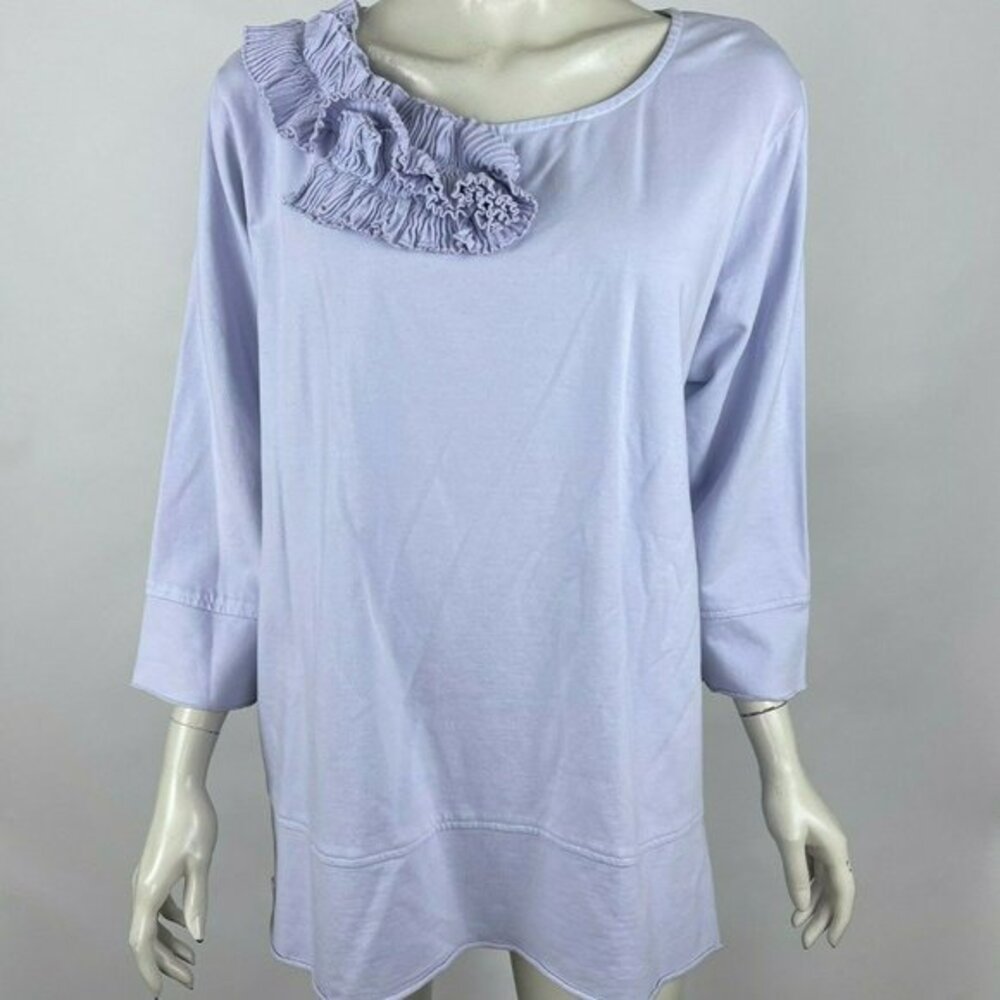 Fenini Lilac Top 3/4 Sleeve Stretch Cotton Blend Pleated Boat Neck Women 1X NWT